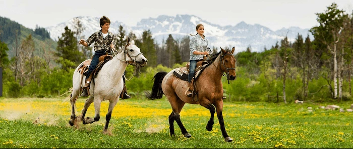 Confident plus-size woman riding Burnt Tree a horse through a field with a smile on her face.